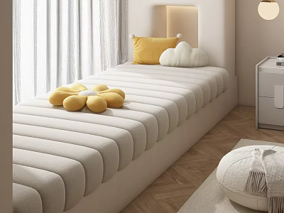 Soft Striped Mattress Bed With Yellow Pillow Cloud Cushion And Plush Toys In Cozy Bedroom 3d model