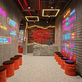 Industrial Style Restaurant Interior With Red Seats Neon Decorations Bar Counter And Gray Concrete Floor