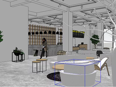Modern Lounge Area Interior Design With Sofa Tables Chairs Plants And Hanging Lights 3d model