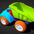 Colorful Children's Toy Dump Truck With Blue Body Green Bed And Orange Wheels