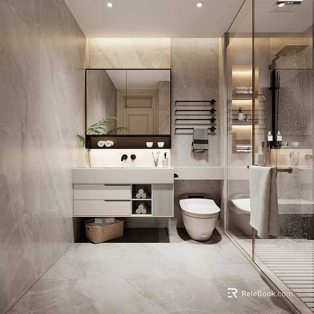 Modern Bathroom Interior Design With Marble Vanity Toilet Shower Area And Mirror 3d model 