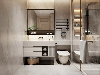 Modern Bathroom Interior Design With Marble Vanity Toilet Shower Area And Mirror 3d model