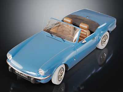Vintage Blue Convertible Car with Brown Seats Black Top and White Wheels Retro Design 3d model