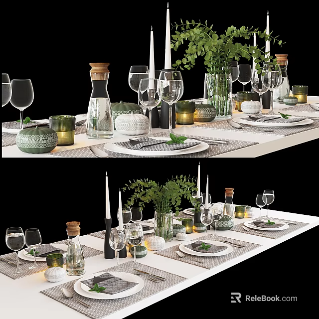 Stylish Dinnerware Set With Wine Glasses Candles Green Plants And Table Runner 3d model 