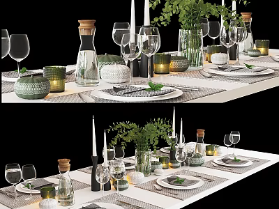 Stylish Dinnerware Set With Wine Glasses Candles Green Plants And Table Runner 3d model