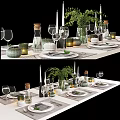 Stylish Dinnerware Set With Wine Glasses Candles Green Plants And Table Runner