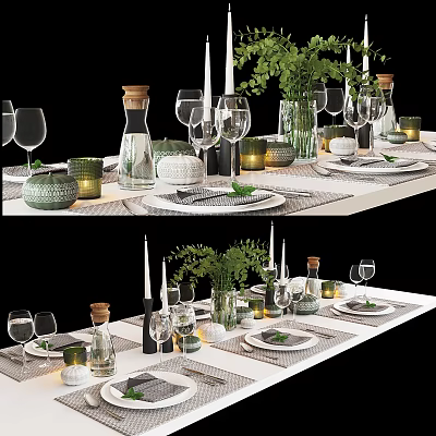 Stylish Dinnerware Set With Wine Glasses Candles Green Plants And Table Runner 3d model