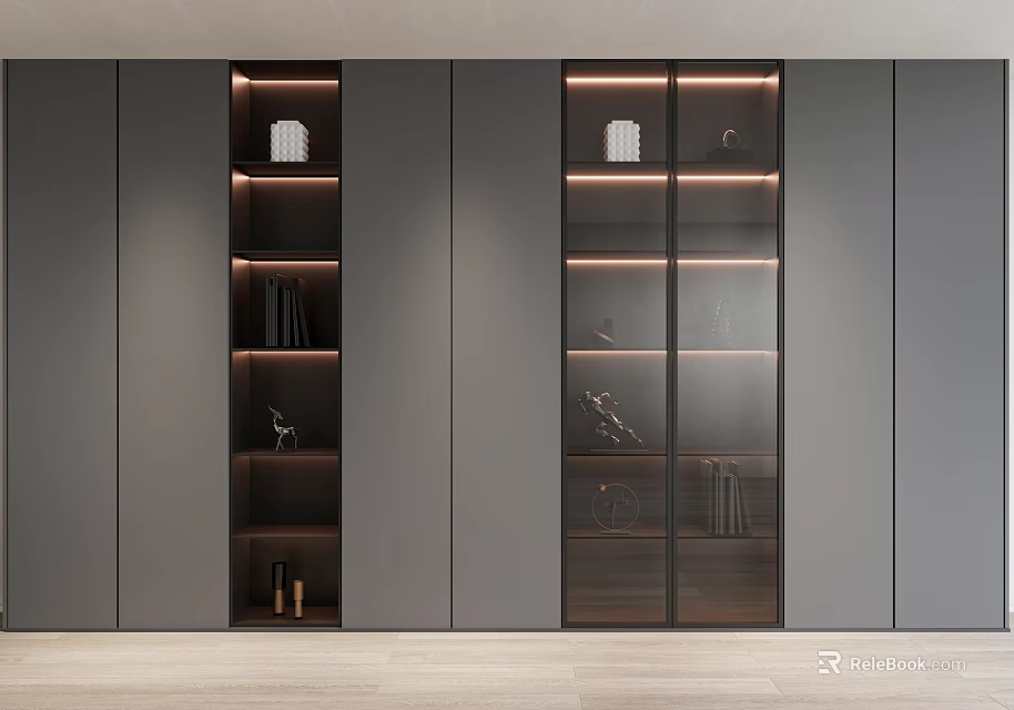 Modern Built In Bookcase With Glass Doors And Interior Lighting 3d model 