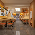 Wooden Restaurant Interior With Bright Lighting Menu Posters Tables And Orange Chairs