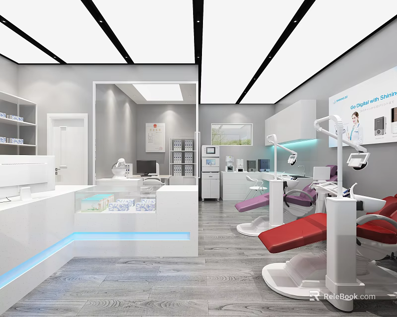 Modern Beauty Hair Salon Interior With Red Purple Chairs White Counter And Equipment 3d model 