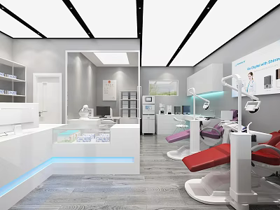Modern Beauty Hair Salon Interior With Red Purple Chairs White Counter And Equipment 3d model