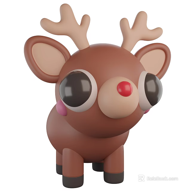 Cartoon Brown Reindeer Toy With Big Eyes Red Nose And Pink Cheeks 3d model 