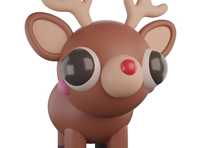 Cartoon Brown Reindeer Toy With Big Eyes Red Nose And Pink Cheeks 3d model