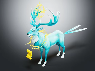 Blue Deer With Blue Antlers Yellow Decorations Neck Ring Feather Like Tail And Yellow Scroll 3d model