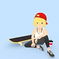 Blonde Haired Girl In Red Cap Sitting With Skateboard And Drink On Light Blue Background