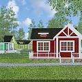 Charming Detached House With Red Exterior White Porch And Green Lawn Surrounded By Trees