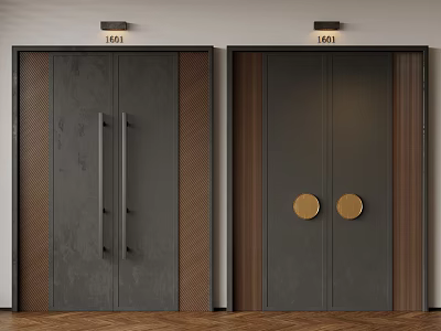 Double Doors With Wooden Frames Black Handles Golden Accents White Walls And Wooden Flooring 3d model