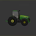 Green Farm Tractor With Enclosed Cab Large Black Tires And Yellow Rimmed Wheels
