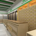 Bright Green And White Specialty Store Interior With Shelves Counters And Ceiling Design 3d model