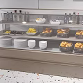 Glass Display Shelves in Bakery Showcasing Assorted Desserts Cakes and Macarons