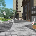 Modern Commercial Landscape Featuring Glass Building Outdoor Plaza Green Trees Tables And Balloons