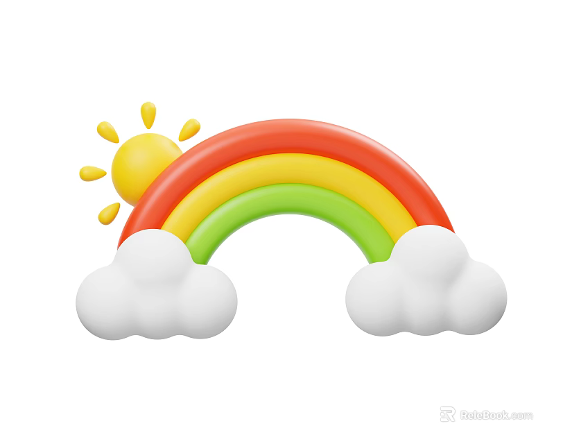 Vibrant Colorful Rainbow Art With Bright Yellow Sun And Fluffy White Clouds 3d model 