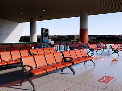 Spacious Station Waiting Area With Rows Of Orange Seats Columns Billboard And Floor Sign 3d model