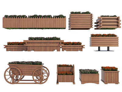 Wooden Tree Planters in Various Styles and Sizes with Green Plants 3d model