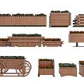 Wooden Tree Planters in Various Styles and Sizes with Green Plants