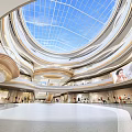 Modern Shopping Mall Atrium With Glass Dome Ceiling Multi Level Design Escalators And Pedestrians