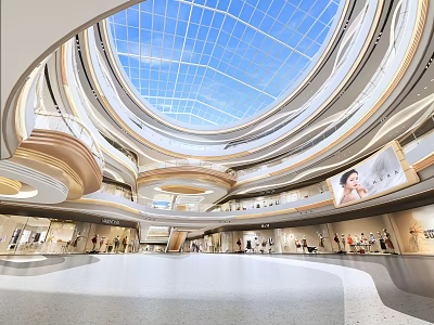 Modern Shopping Mall Atrium With Glass Dome Ceiling Multi Level Design Escalators And Pedestrians 3d model