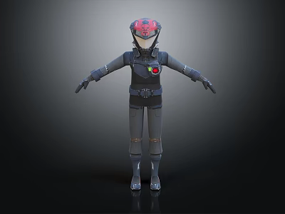 3D Character Model In Black Outfit With Red Helmet And Chest Logo 3d model