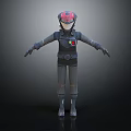 3D Character Model In Black Outfit With Red Helmet And Chest Logo