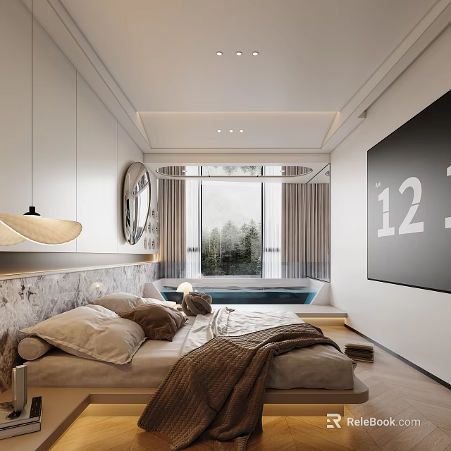 Modern Hotel Room Interior With Comfortable Bed Marble Headboard Window-side Bathtub And Scenic View 3d model 