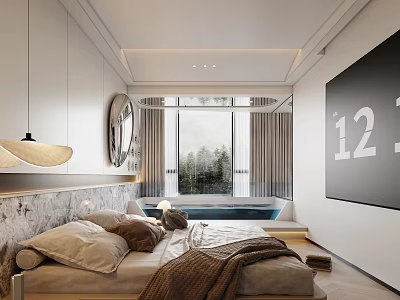 Modern Hotel Room Interior With Comfortable Bed Marble Headboard Window-side Bathtub And Scenic View 3d model