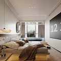 Modern Hotel Room Interior With Comfortable Bed Marble Headboard Window-side Bathtub And Scenic View