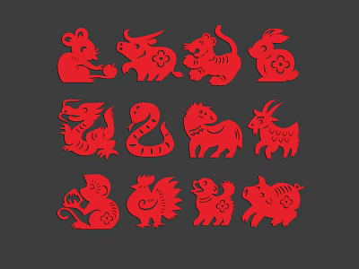 Traditional Chinese Zodiac Red Paper Cut Artwork With Twelve Animal Figures 3d model