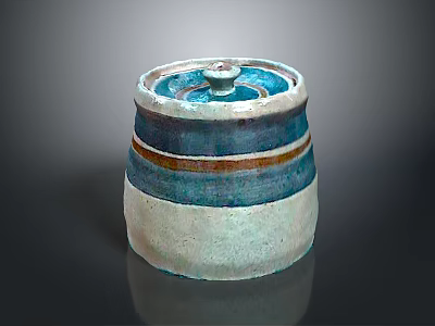 Handcrafted Ceramic Jar With Lid Blue White And Brown Stripes For Storage 3d model