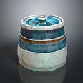 Handcrafted Ceramic Jar With Lid Blue White And Brown Stripes For Storage