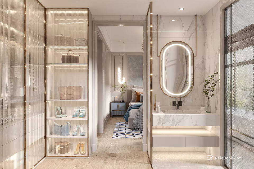 Elegant Modern Walk In Closet Interior With Glass Doors Storage Shelves And Shoe 3d model 