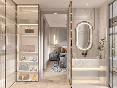 Elegant Modern Walk In Closet Interior With Glass Doors Storage Shelves And Shoe 3d model