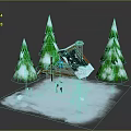Snowy Cottage With Green Pine Trees And Snow Covered Roof