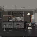 Modern Restaurant Open Kitchen With Bar Stools Marble Counter And Pendant Lights 3d model