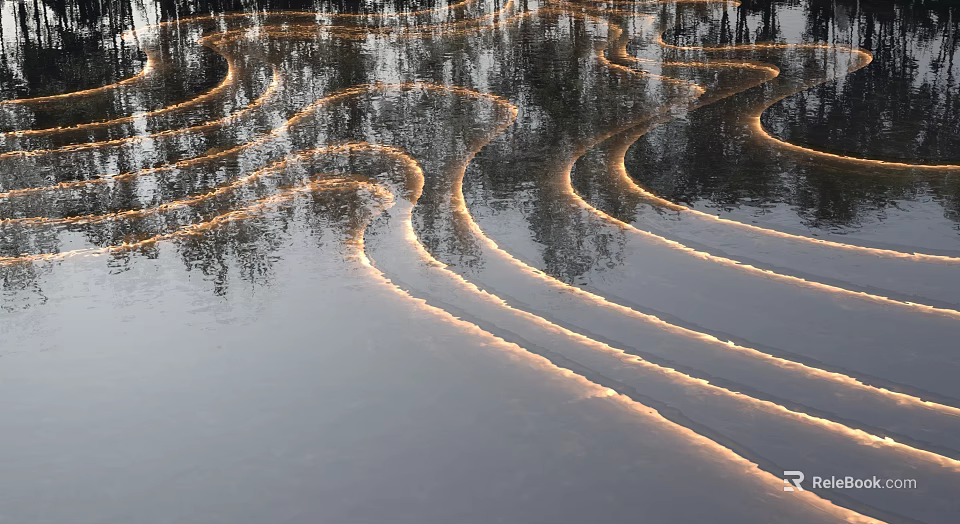 Waterfront Landscape with Curved Lines on Shimmering Water Surface and Tree Reflections under Soft Lighting 3d model 
