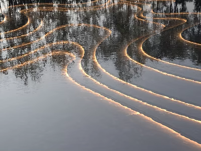 Waterfront Landscape with Curved Lines on Shimmering Water Surface and Tree Reflections under Soft Lighting 3d model