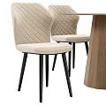 Dining Table Set With Beige Quilted Chairs Black Legs And Wooden Pedestal Design