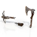 Ancient Medieval Weapons Crossbow Axe And Dagger With Carved Wooden Handles And Decorative Blades