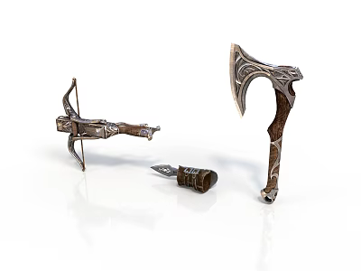 Ancient Medieval Weapons Crossbow Axe And Dagger With Carved Wooden Handles And Decorative Blades 3d model