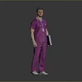 Medical Professional In Purple Scrubs Holding Blue Folder With ID Badge