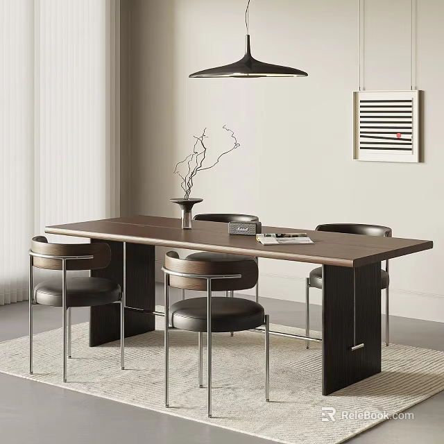 Modern Dining Table Set With Wooden Table Leather Chairs Hanging Lamp And Decorative Painting 3d model 